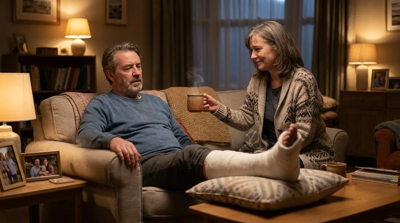 Wife offering tea to her husband who is resting on the couch with a leg cast