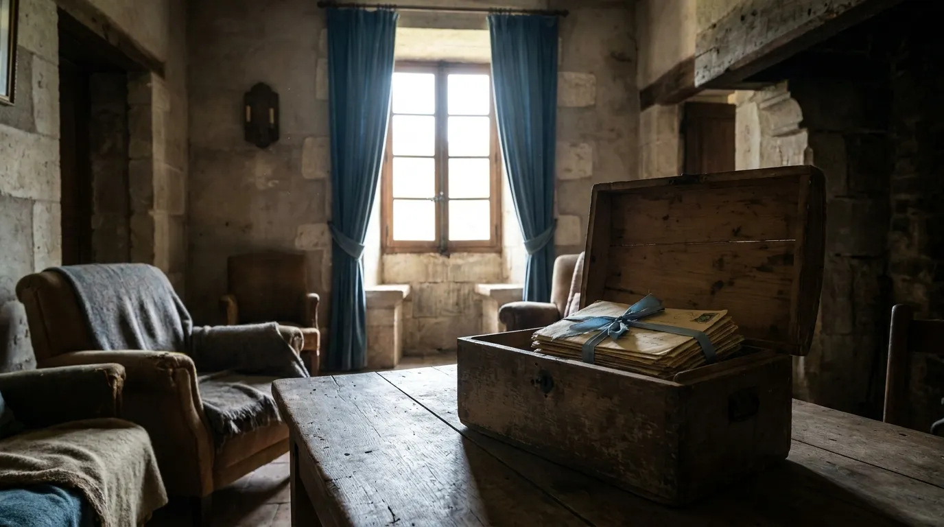 Old wooden chest in a dusty convent parlor