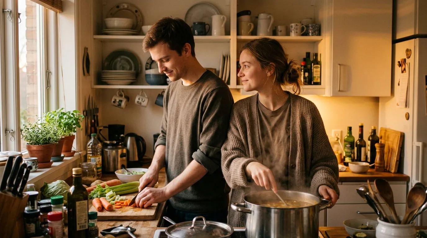 A young man and woman smiling and cooking chicken soup together in a warm kitchen