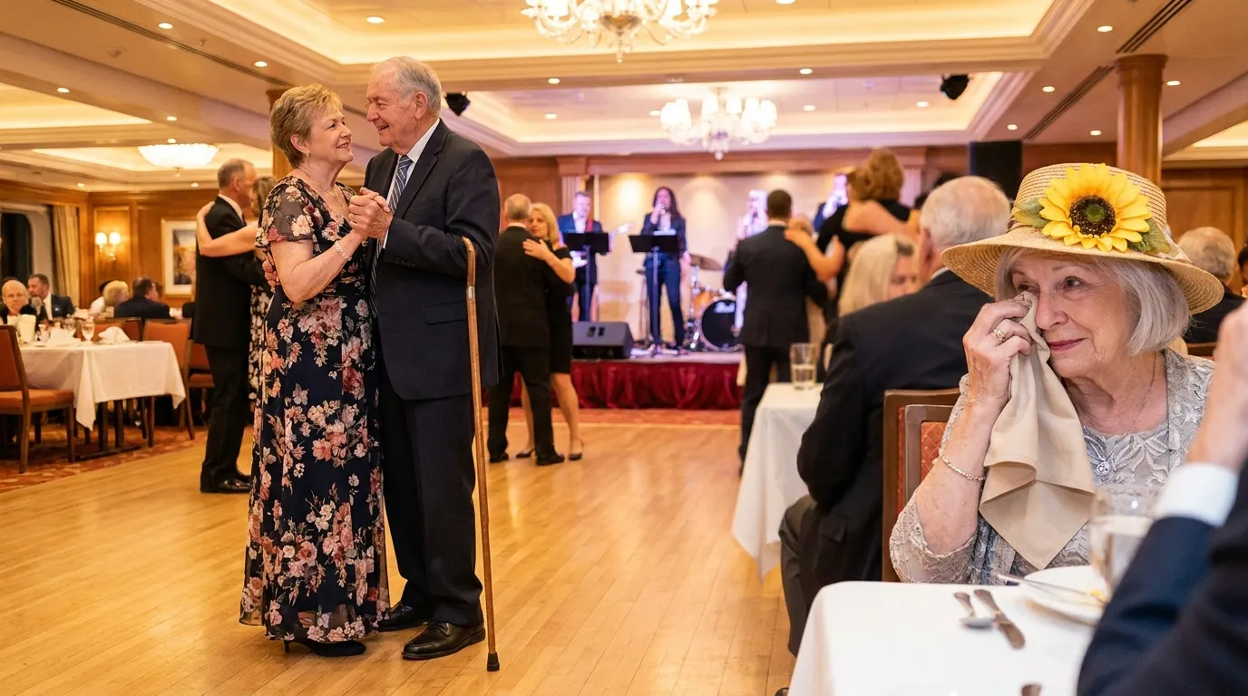Older couple slow dancing in a cruise ship dining room, the man holding a cane