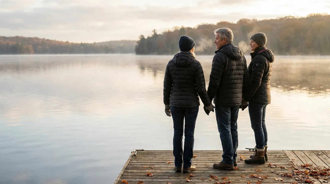 Husband and wife holding hands on a dock, looking toward the future