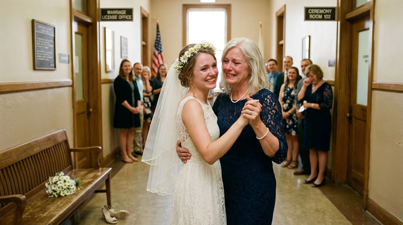 An older mother and a bride in an ivory dress dancing in a county courthouse, both smiling and crying