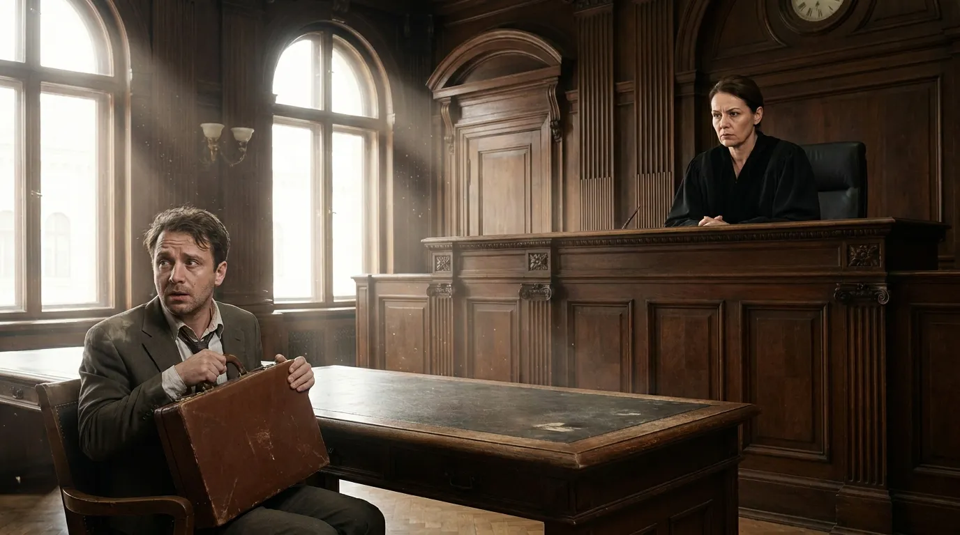 A wide shot of a courtroom featuring a female judge looking down from the bench at a stressed man standing at the defense table.