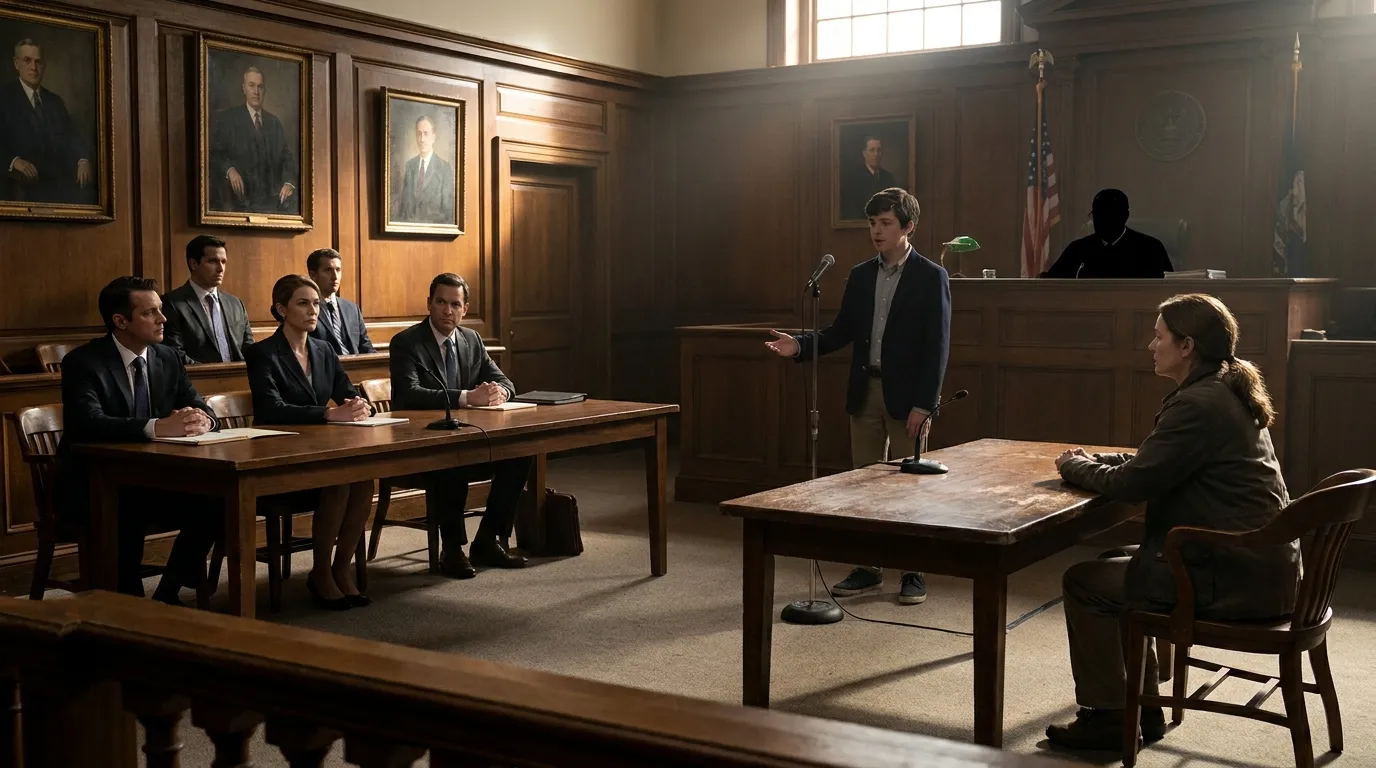 A tense courtroom scene showing a wealthy woman and a grounded mother waiting for a judge's decision