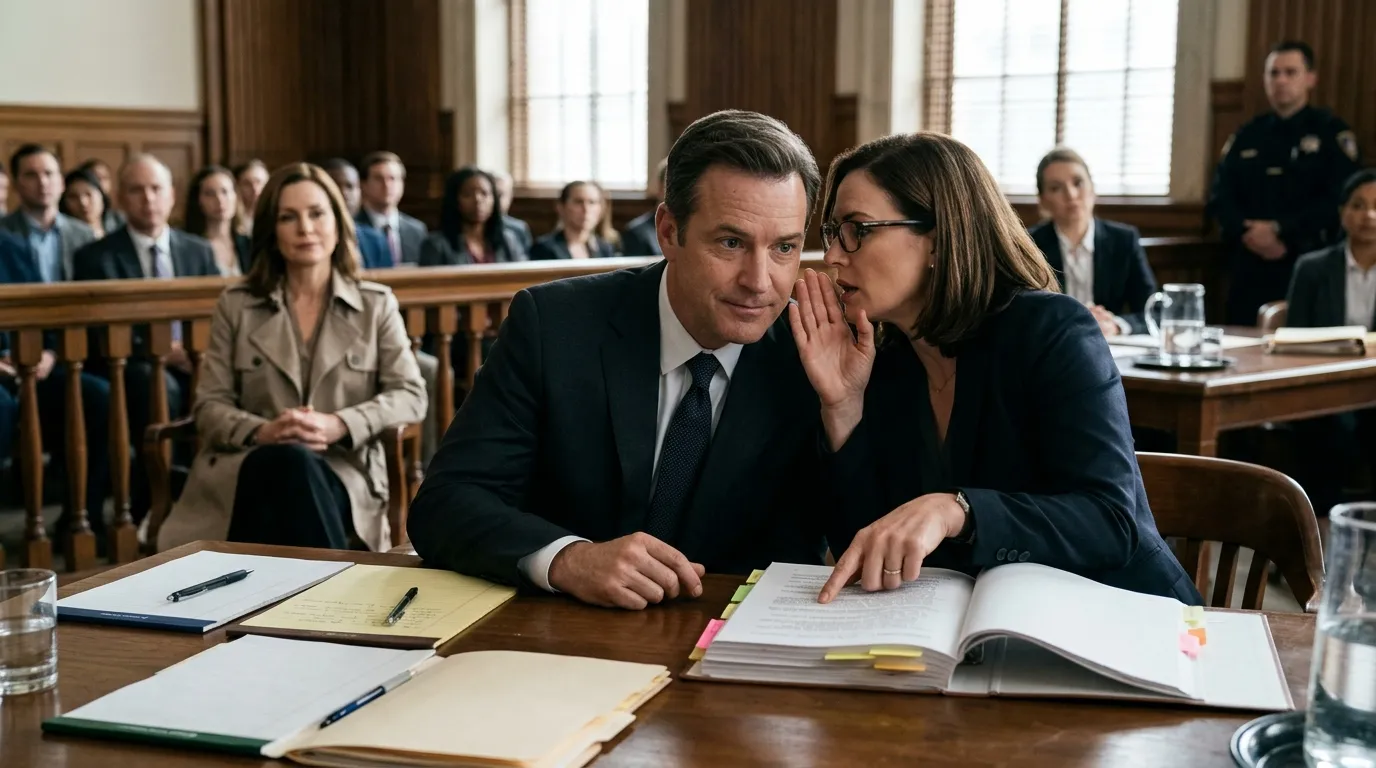 Husband looking panicked in court as his lawyer whispers to him