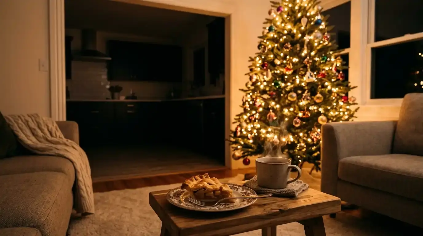 Warm slice of pie and cup of tea on a table in front of glowing Christmas tree