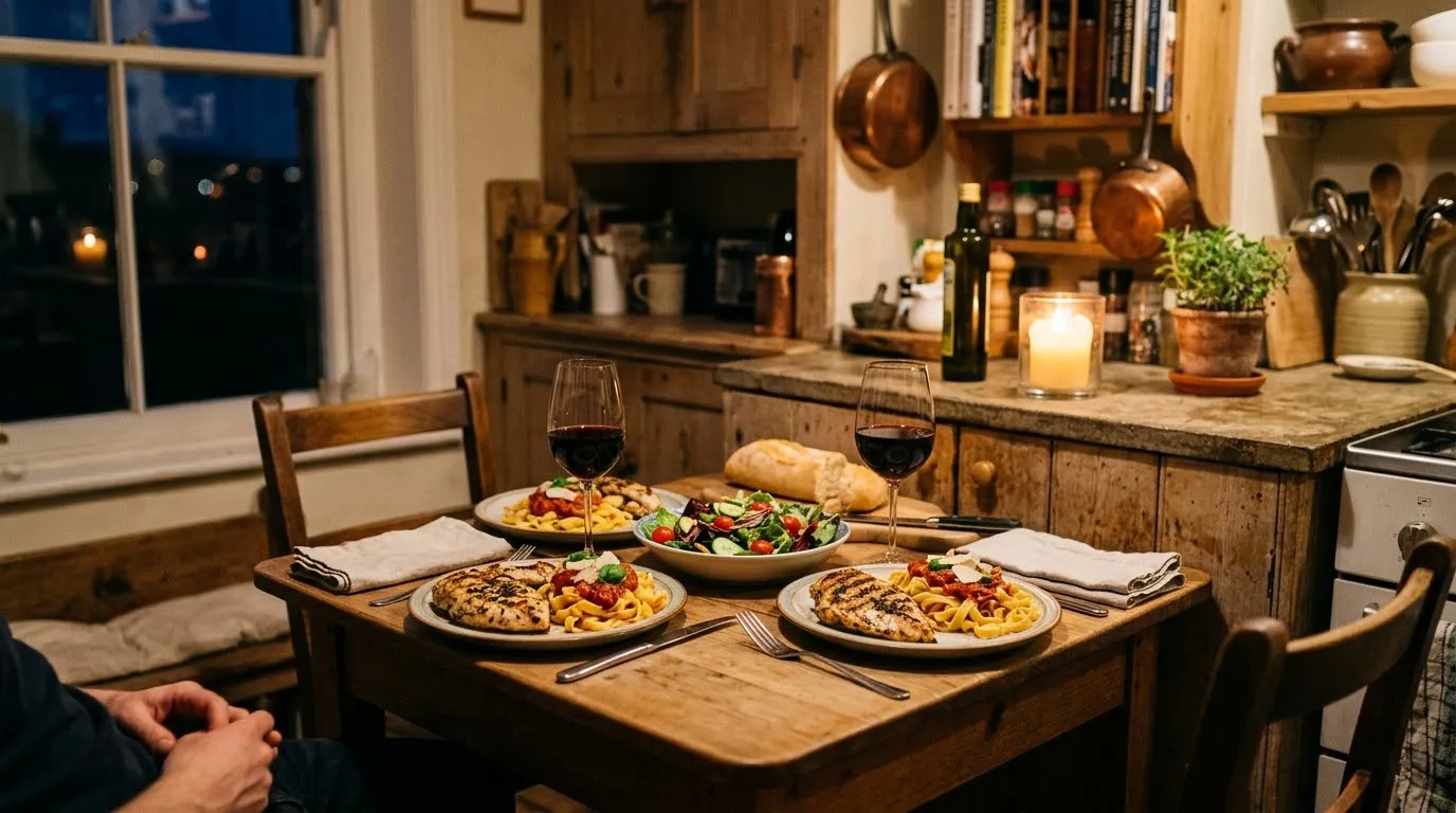 Two glasses of red wine and plates of pasta on a cozy kitchen table.