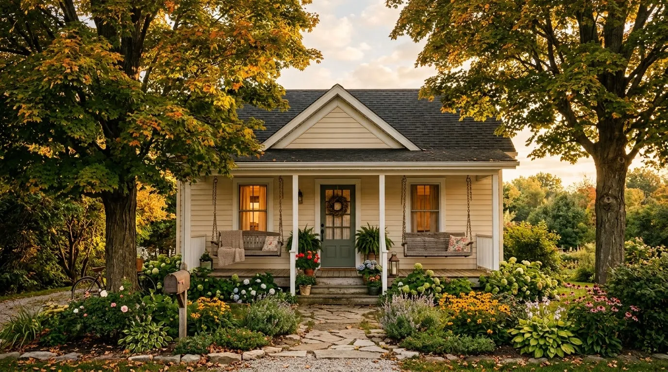A quaint single-story house with tall maple trees and a front porch in the afternoon light.