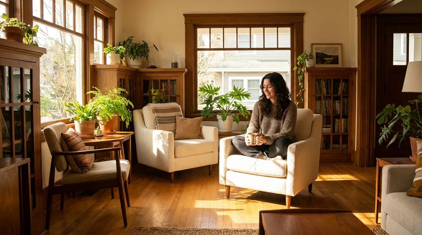 Peaceful, sunlit living room with genuine hardwood floors and plants