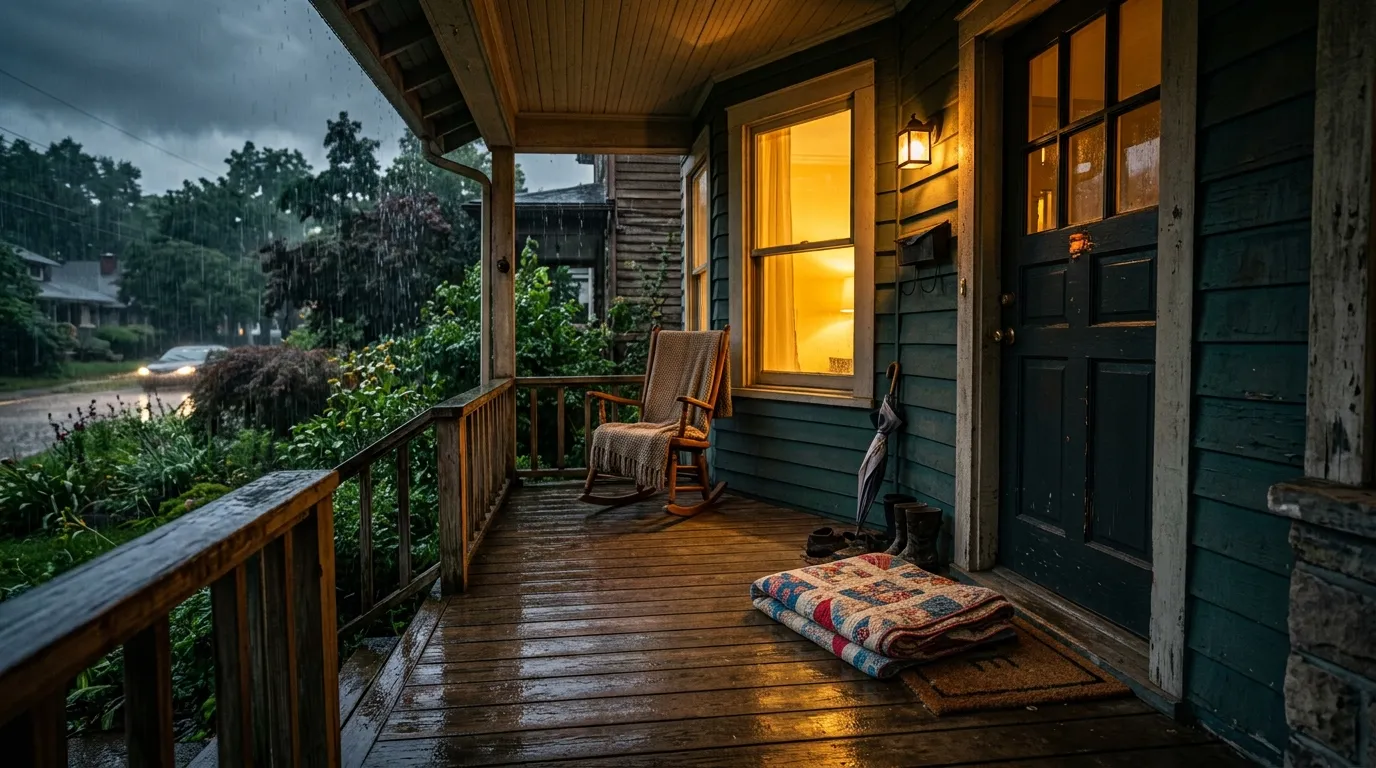 Cozy covered porch of a duplex during a rainstorm with a folded vintage quilt on the mat