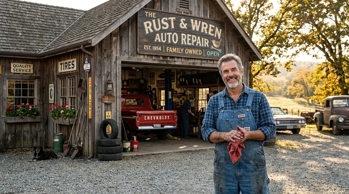 A warm, rustic auto repair shop with a hardworking mechanic smiling outside