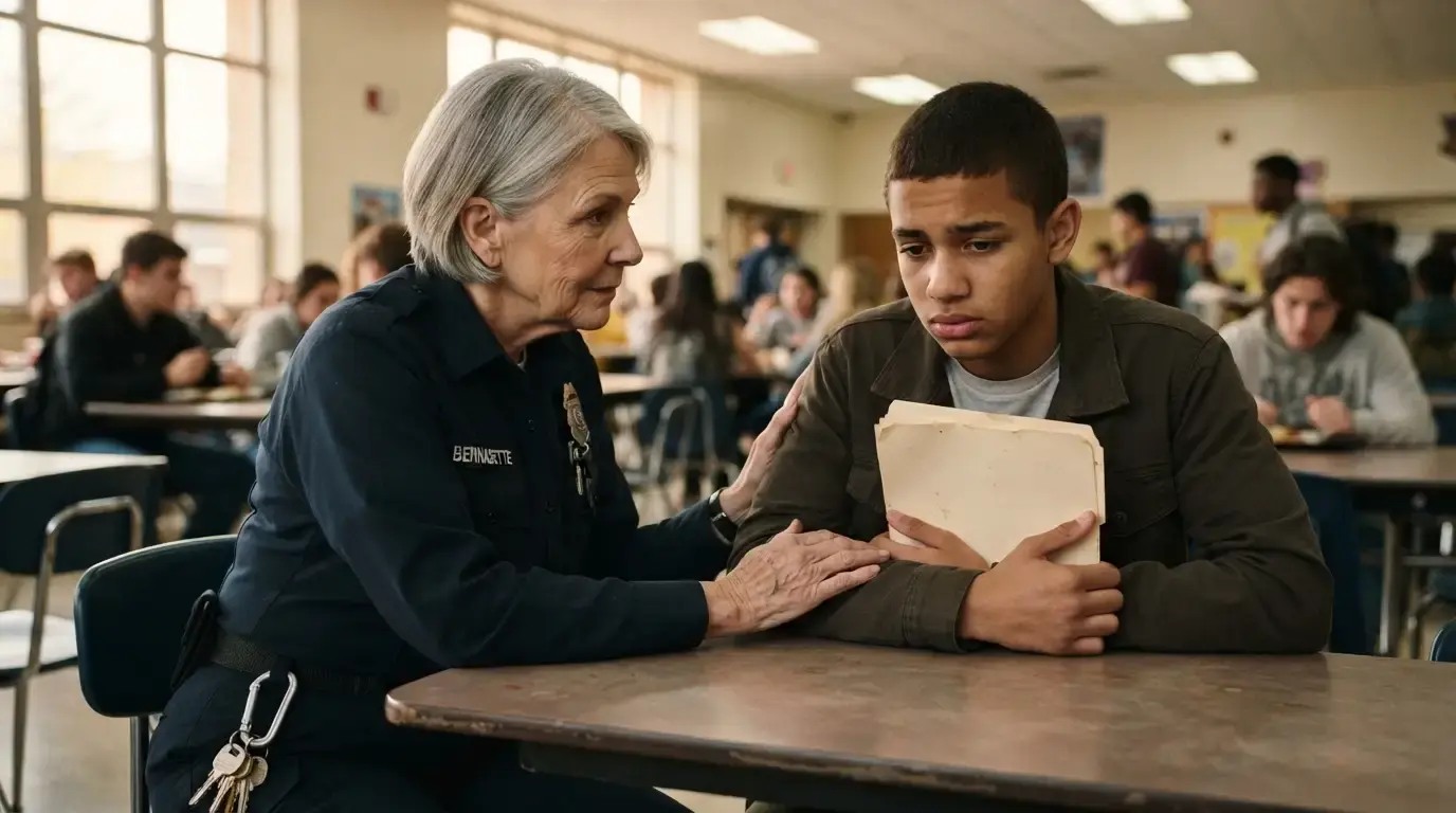 Bernadette comforting Silas in the school cafeteria as he holds his folder