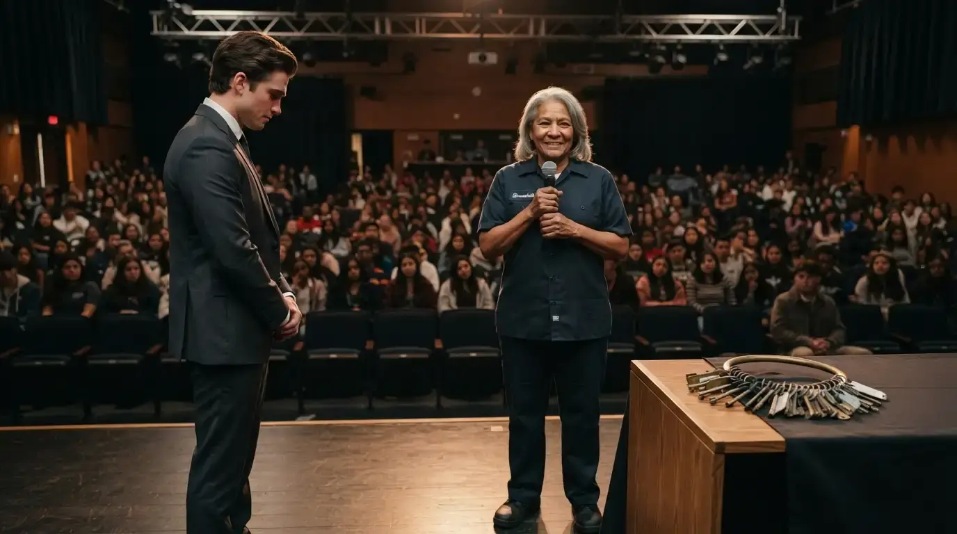 Bernadette the custodian standing up at the high school speaker panel with her keys on the table