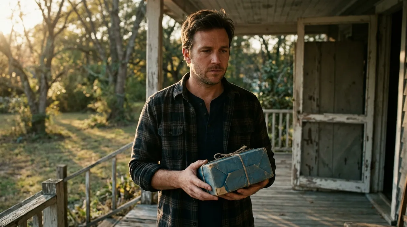 Daniel standing on the porch holding a faded blue box