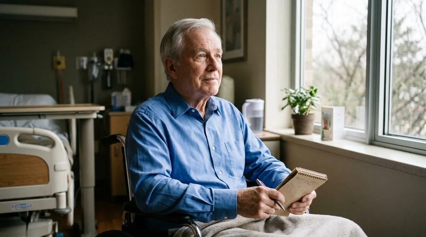 A silver-haired man in a wheelchair by a hospital window, holding a small whiteboard and marker.