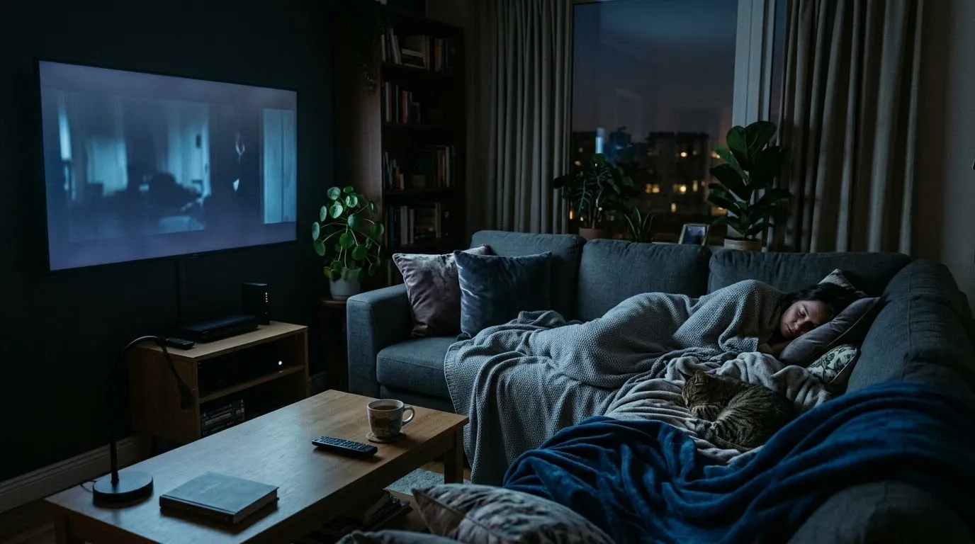 A dimly lit living room illuminated by the glow of a television screen.
