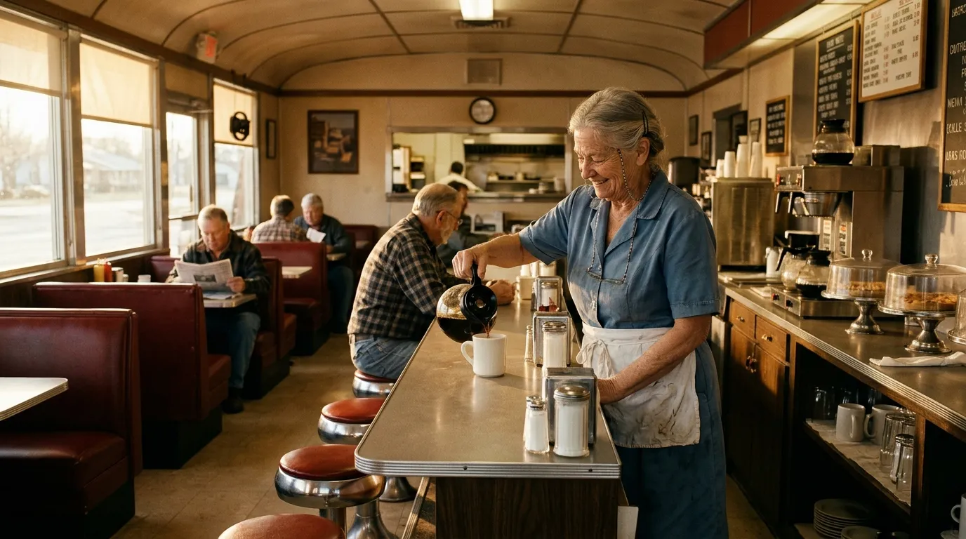 A warm, 68-year-old waitress wearing a classic white apron pouring coffee in a sunlit diner