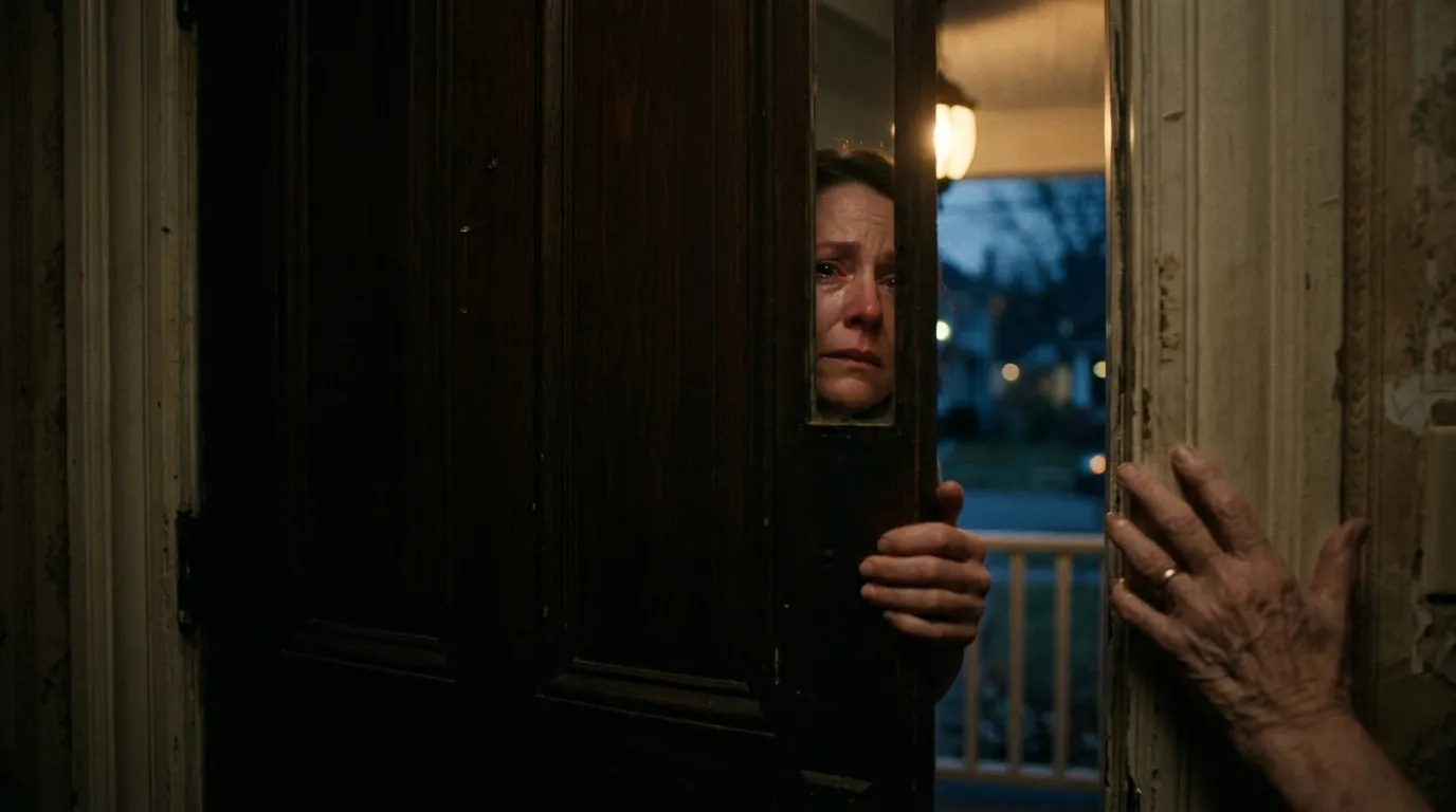 Daughter sadly shutting the front door on her mother