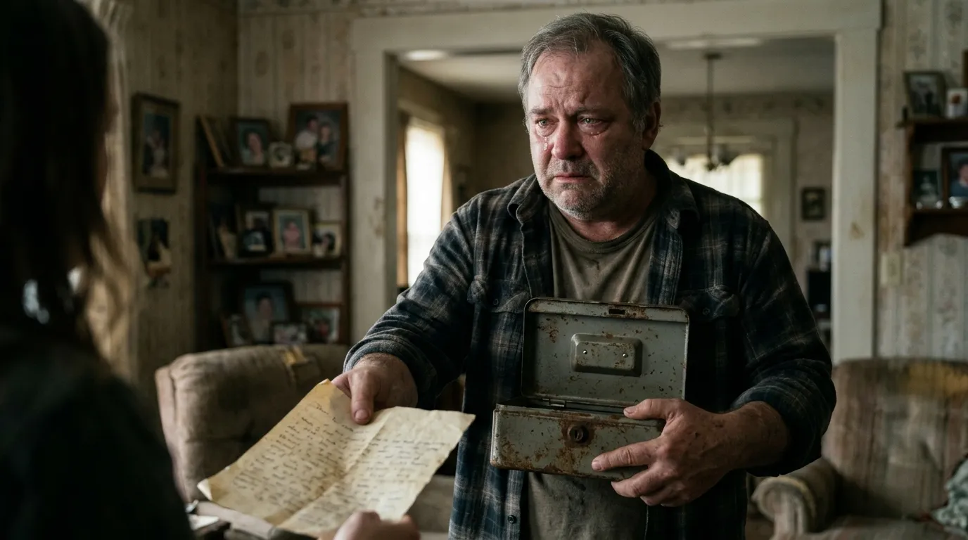 David standing inside his home, looking remorseful while holding a metal lockbox