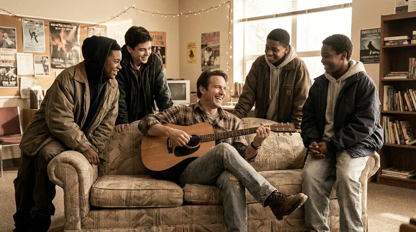 Happy man playing guitar in a youth center surrounded by smiling teenagers