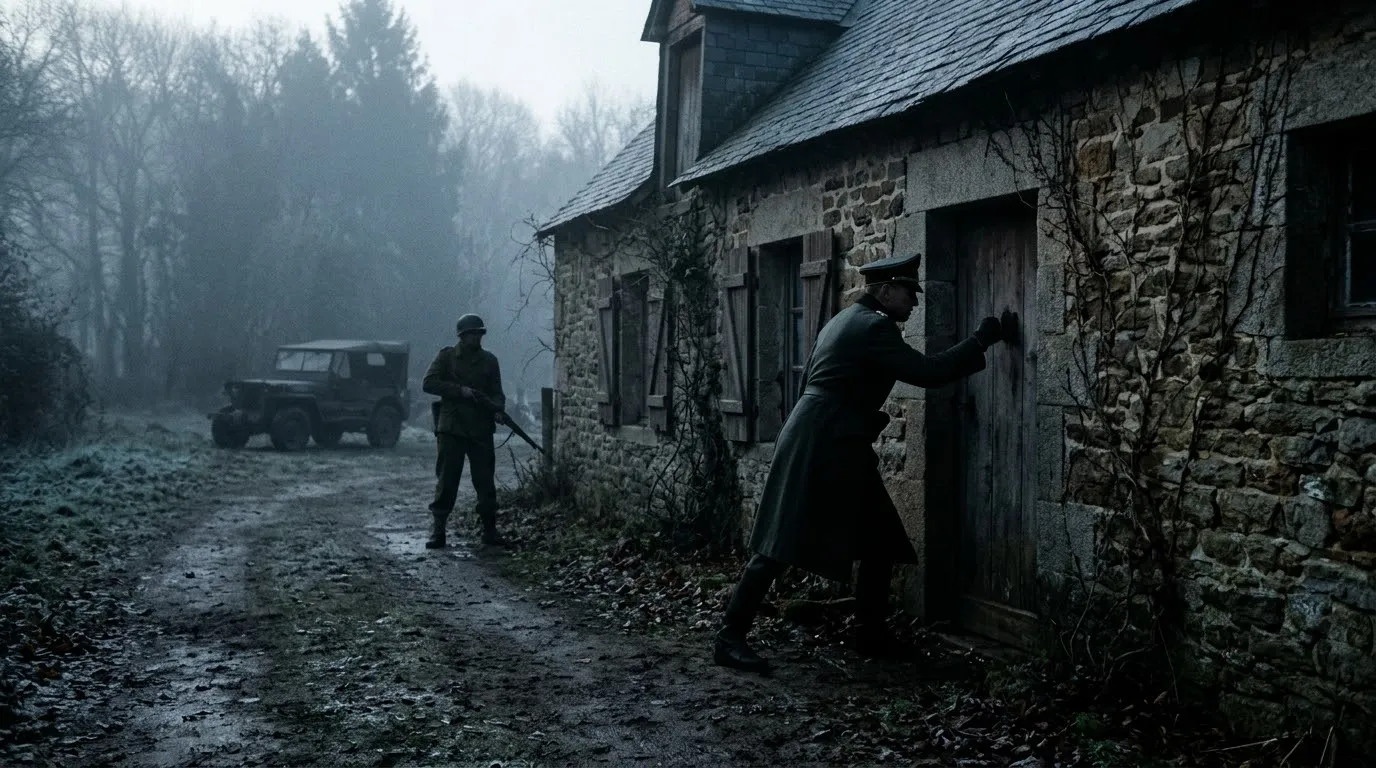 Silhouette of a military officer pounding on a wooden cottage door at dawn.