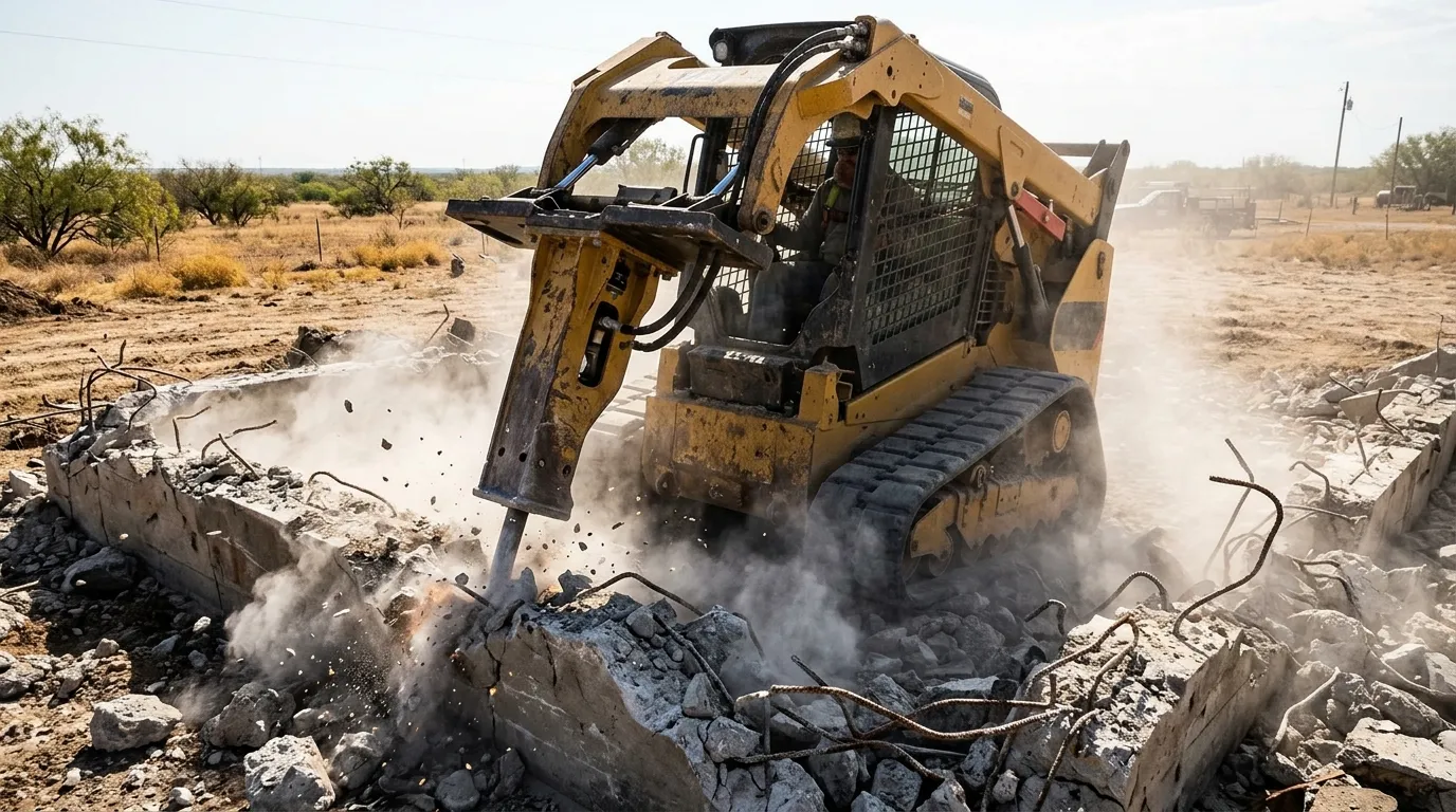 Heavy equipment smashing a concrete foundation