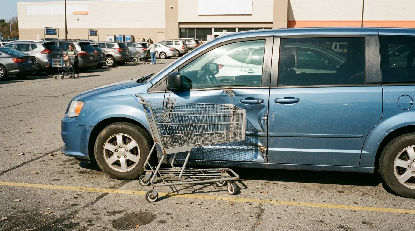 A dented blue minivan in a sunny parking lot with a shopping cart wedged into the door