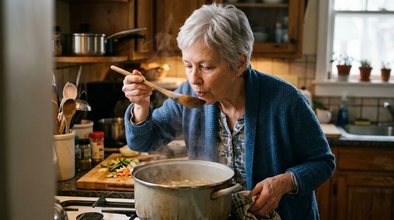 Mother-in-law tasting soup from a wooden spoon in a cozy kitchen