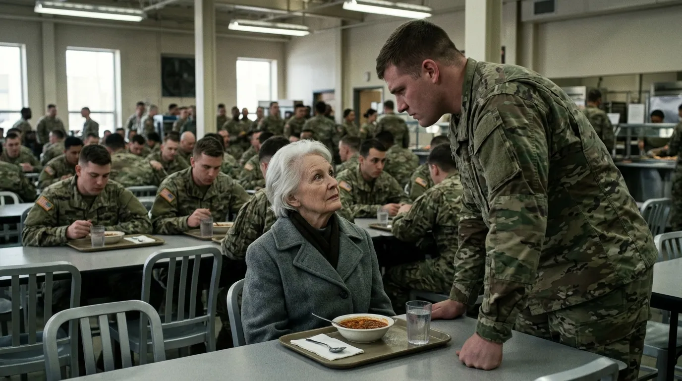 Young soldier confronting an elderly woman in a gray coat in a military dining hall
