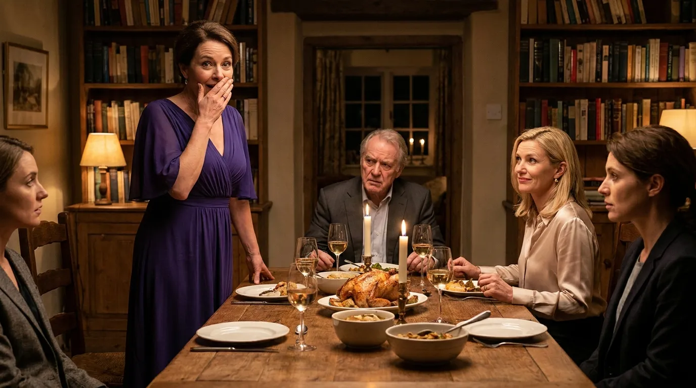 Dinner party guests looking awkwardly at wife around a set table