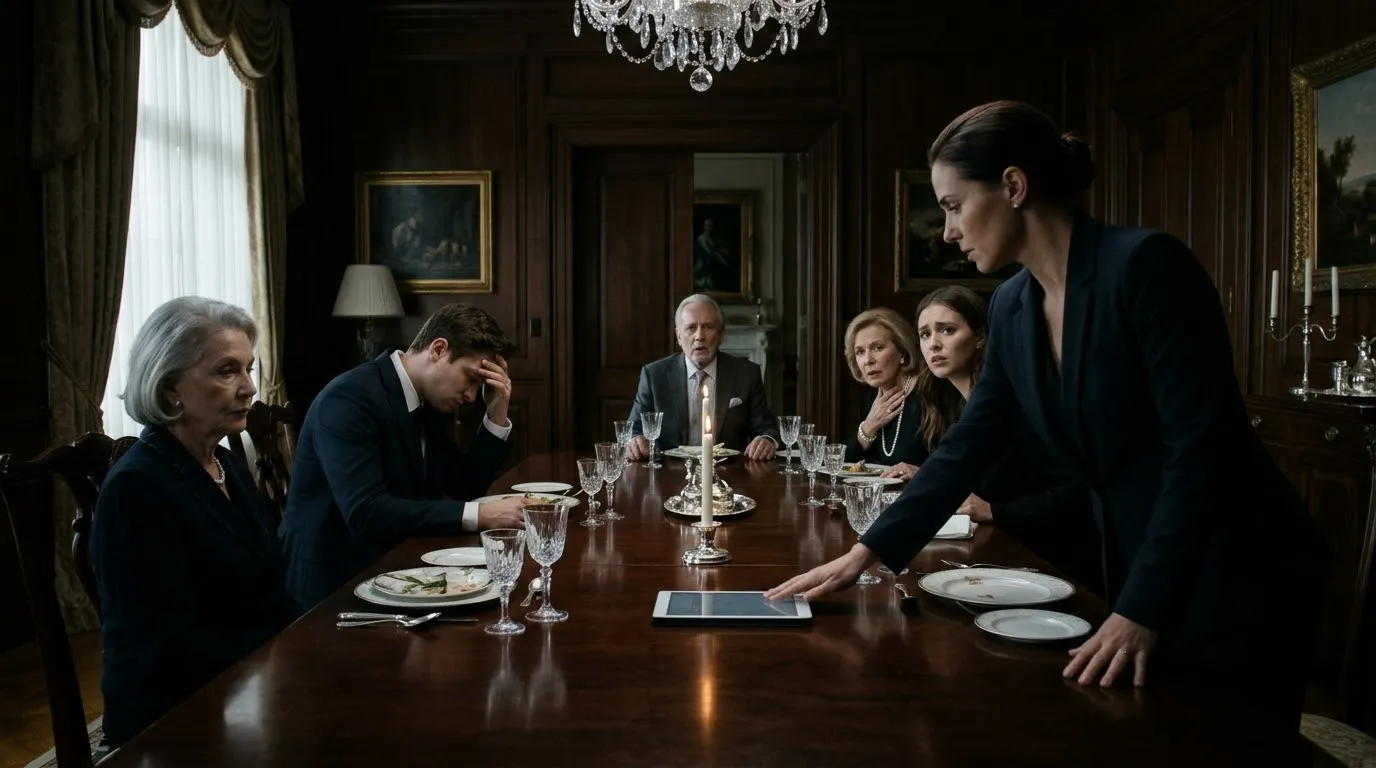 Tense dining room scene where an attorney presents evidence on a tablet to a shocked wealthy family