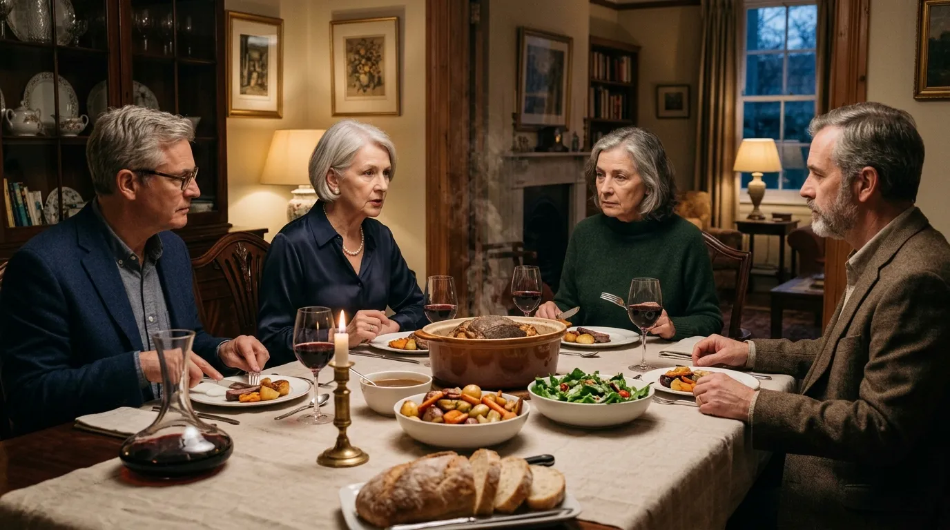 A tense family dinner with a steaming pot roast in the center