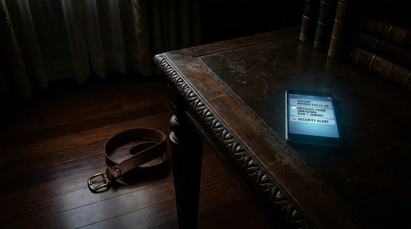 A leather belt discarded on the floor of a dark study while a phone vibrates urgently on the desk