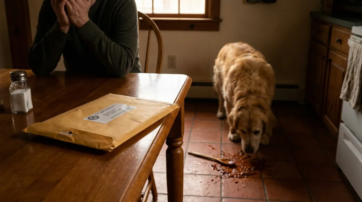 Manila envelope on a kitchen table next to a salt shaker with spilled food on the floor