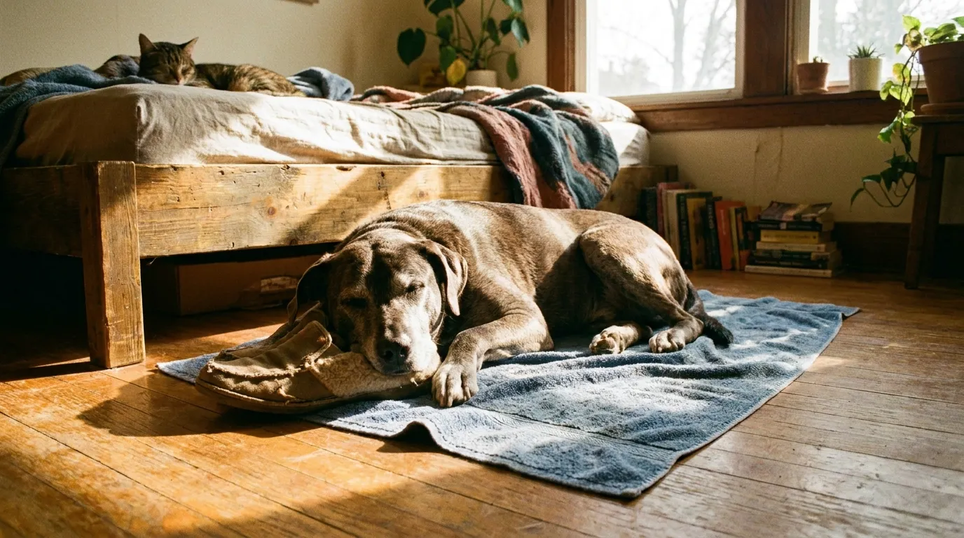 A graying brown dog sleeping peacefully on a blue towel next to an old slipper.
