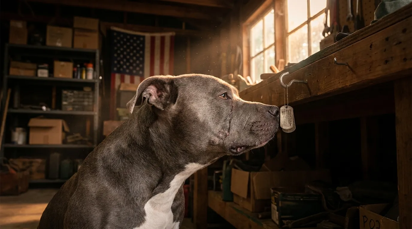 Gray pit bull sniffing an old silver military dog tag in a garage