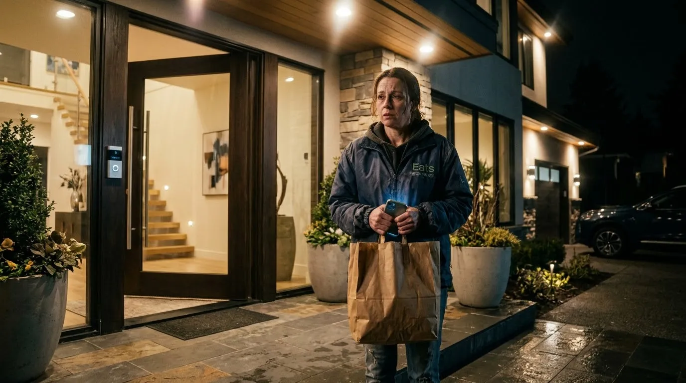 Tired woman in delivery uniform holding a food bag at a front door