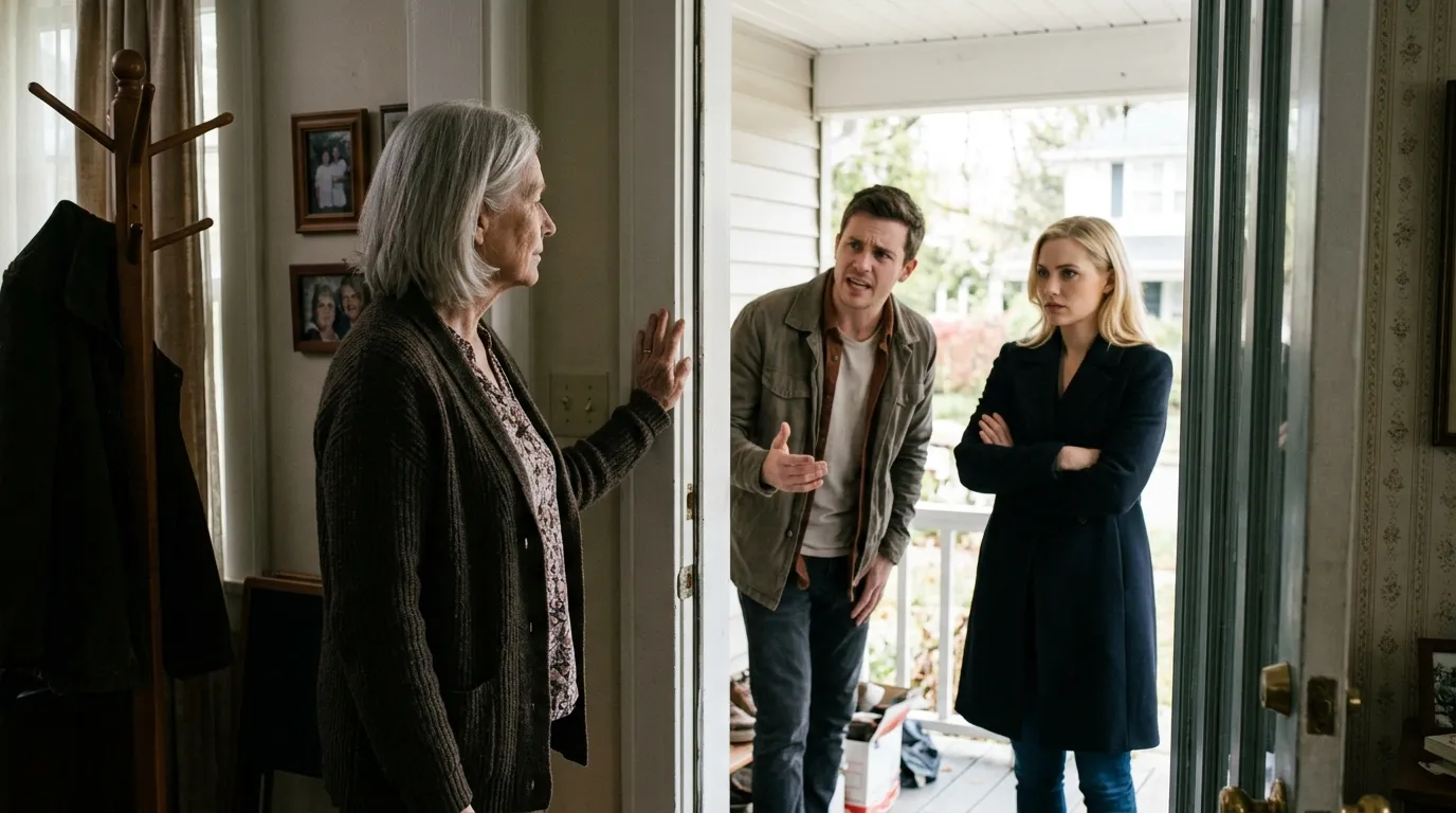 Silver-haired woman looking calmly at an angry younger couple standing in her doorway