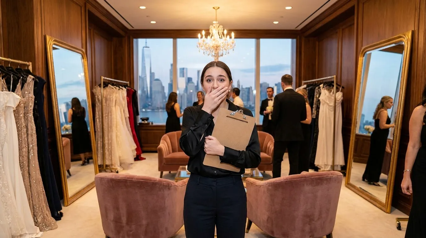 A young woman looking surprised in a luxurious skyscraper dressing room