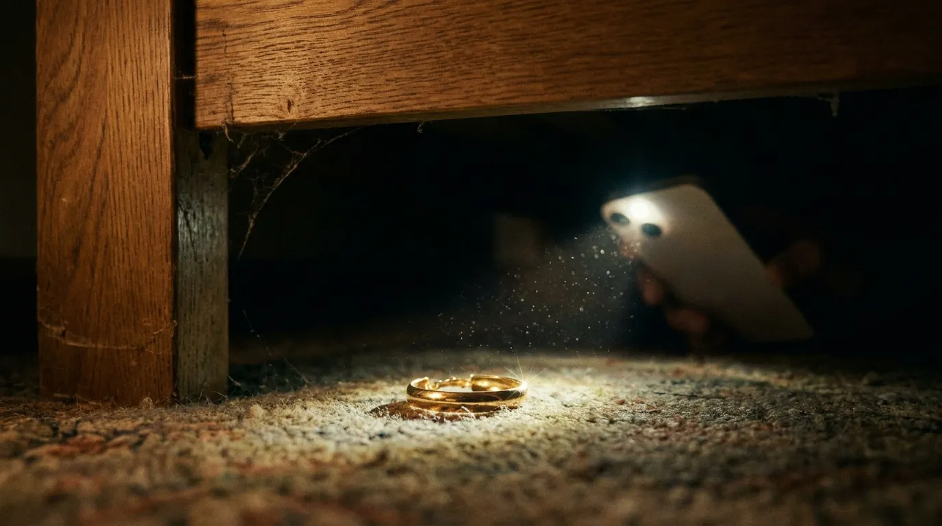 A single gold hoop earring illuminated by a flashlight in the dark space beneath a bed