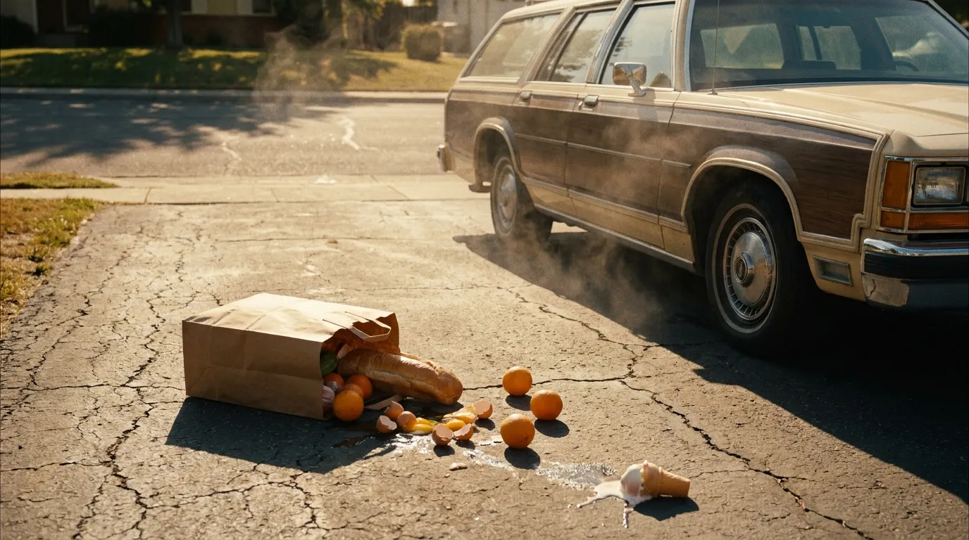 A dropped grocery bag on a sun-baked driveway next to a parked car