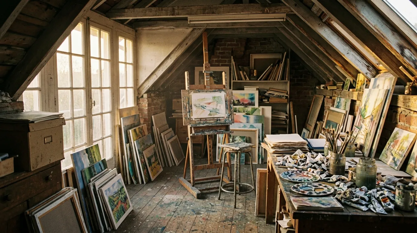 A dusty art studio filled with watercolor paintings and an easel bathed in golden light