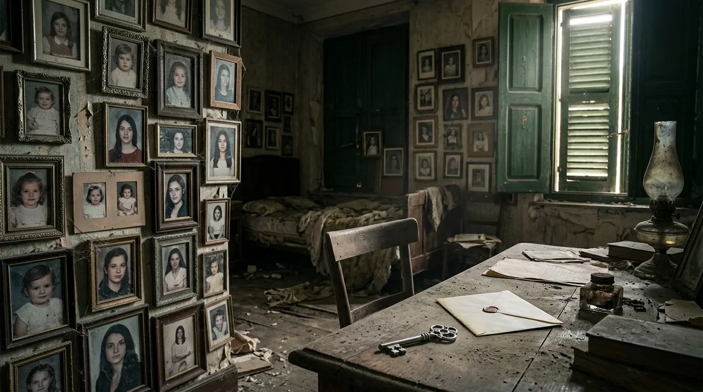 An abandoned bedroom with walls covered in framed photographs of a young woman