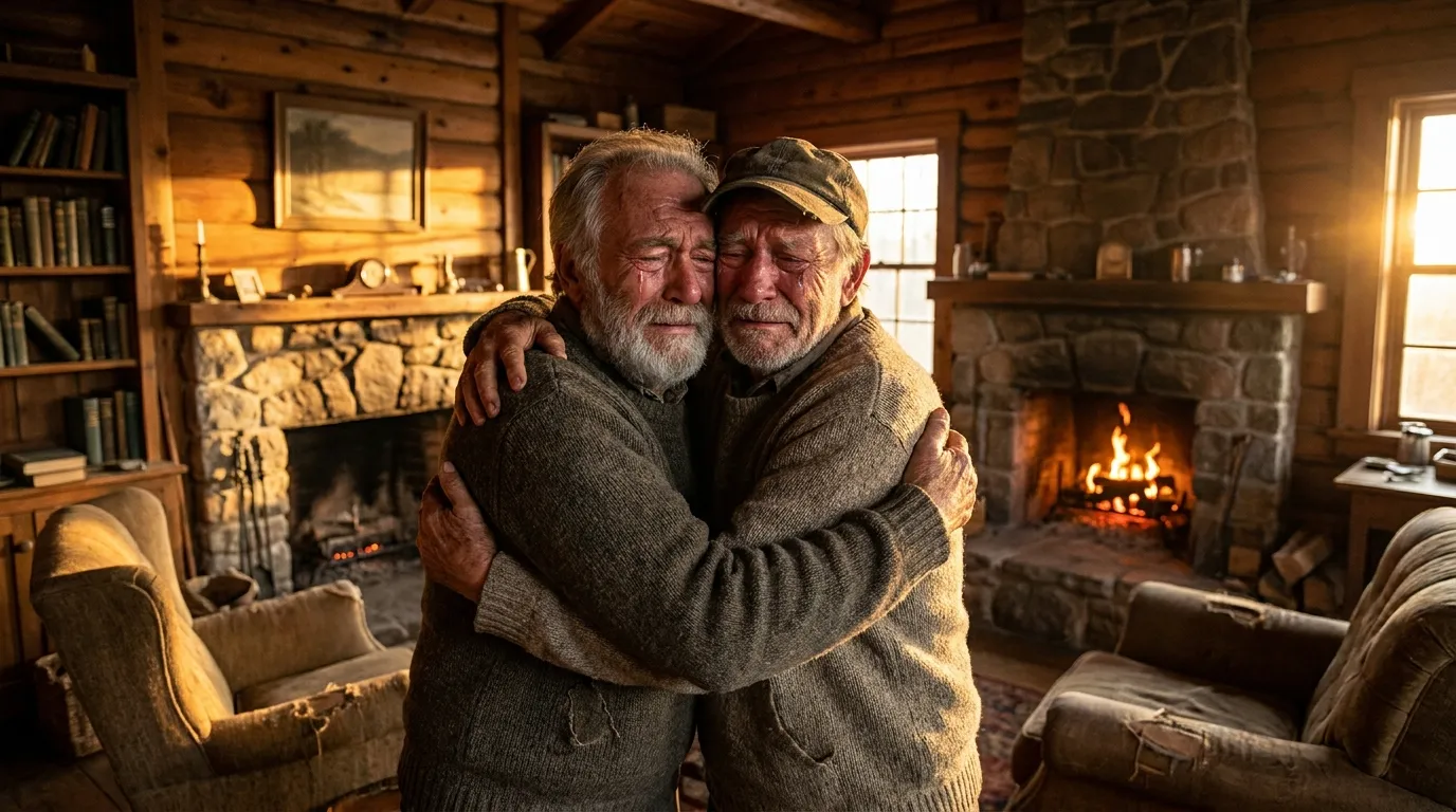 Two elderly brothers hugging tightly, deeply moved with tears in their eyes