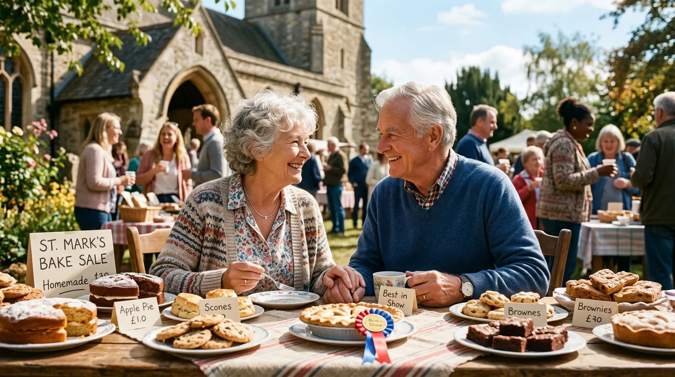 Older couple smiling at each other at a sunny church bake sale