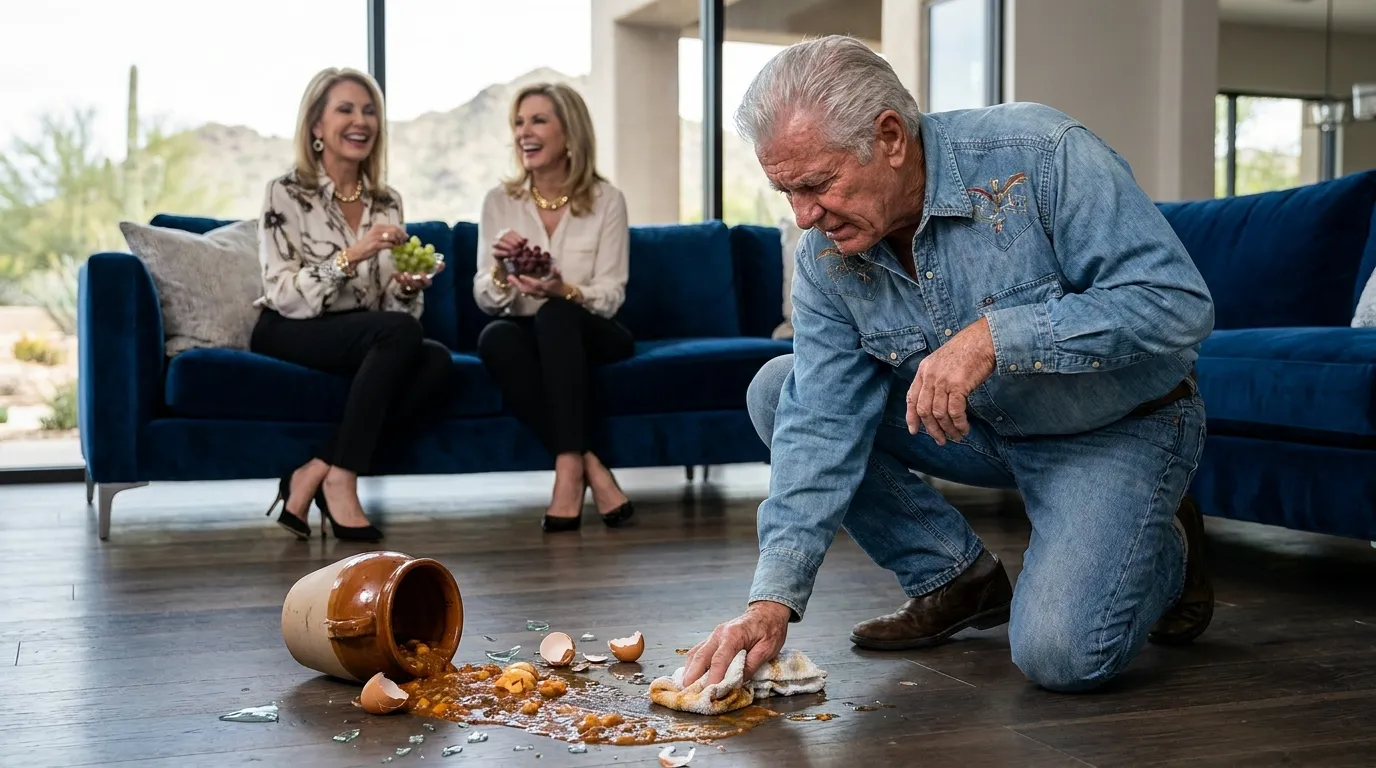 Elderly man scrubbing a spilled stew on a hardwood floor while two women watch