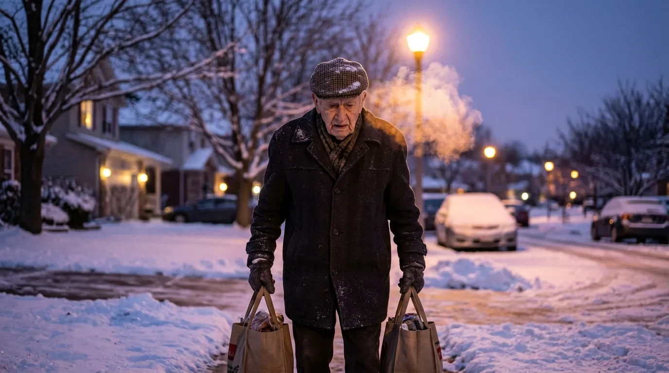 A 101-year-old man carrying heavy canvas grocery bags down a snowy sidewalk.