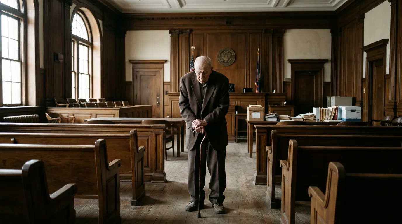 A 101-year-old man standing in a courtroom gripping a wooden cane.