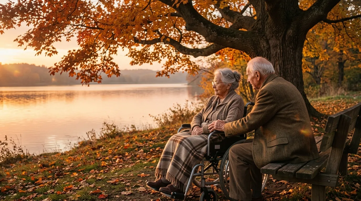 An elderly woman in a wheelchair and an older man sitting under an autumn maple tree near a lake