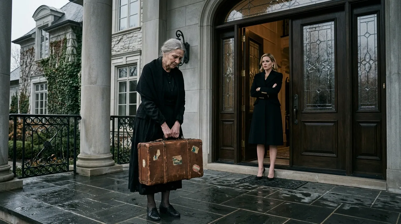 Heartbroken elderly woman leaving a mansion with a small suitcase